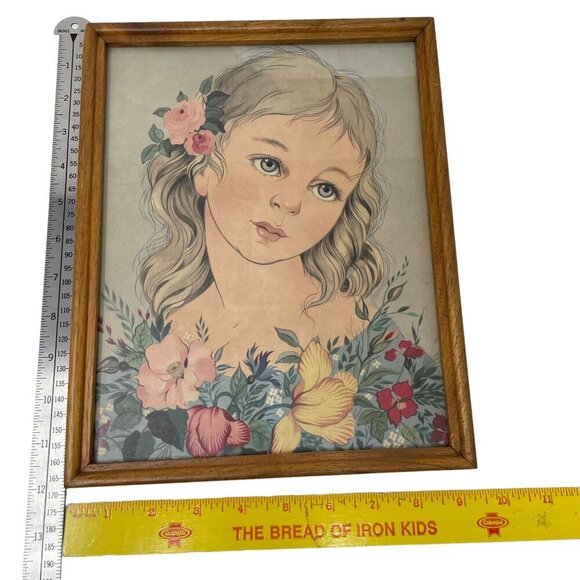 Vintage Miki Ferro 50s/60s Print Drawing Blond Blue Eyed Girl Framed Floral - Picture 5 of 5